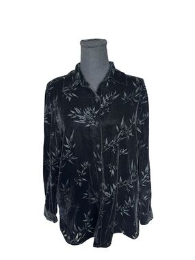Carole Little Black Silk Velvet Burnout Button Up Blouse M Goth Quiet Luxury Y2K